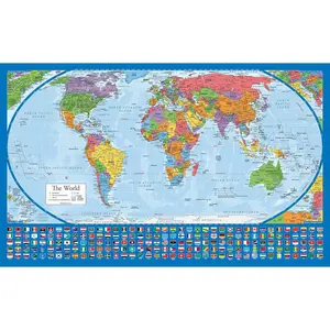 World Map Poster - map design shows continents at true relative size. (LAMINATED, 18” x 29”)