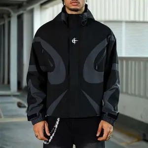 Men’s American-style color-block hooded jacket with geometric patchwork design — casual, versatile for everyday wear