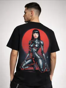 GOD OF STARS Protect Your Aura Cyber Girl Back Graphic Tee - Premium Black Short-Sleeve Unisex T-Shirt with Exclusive Back Print & Subtle Logo