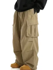 Men's plus size casual work pants - straight leg, multi pocket design, with drawstring, comfortable and versatile, suitable for outdoor, sports and casual wear, solid color, non stretch fabric, wide leg style, perfect for spring and autumn seasons