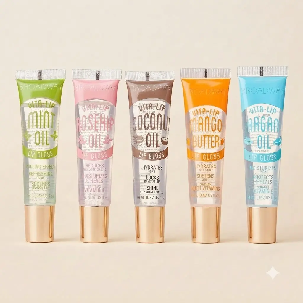 Broadway Vita-Lip Clear Lip Gloss 5 Pack High Shine Non Sticky Vitamin Oils Ultra Hydrating Soothing Lip Balm Set