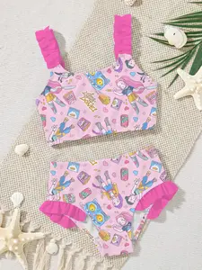 Girls' Two-Piece Bikini Set, Cartoon Print Swimsuit, Summer Beach Vacation Swimwear, Cute Ruffle Bathing Suit