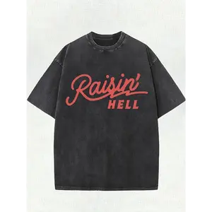 180g[100%cotton]heavy-duty cotton street style T-shirt - Vintage washed 'Raisin' HELL' pattern print, round neck short sleeve, casual summer shirt, machine washable
