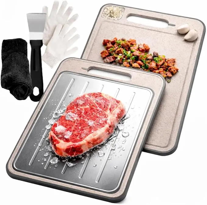 ONIXCORE 4-in-1 Defrosting Tray for Frozen Meat with Cutting Board, Garlic Grater & Knife Refiner - Rapid Thaw Meat Defroster Plate with Safety Gloves, Spatula & Cloth - Non-Slip Thawing Tray, Multicolor