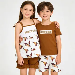 Summer Daddy's Girl / Dadd's Boy Embroidered  Duck Strap Brown Casual Shorts Sets Cute Clothes Set