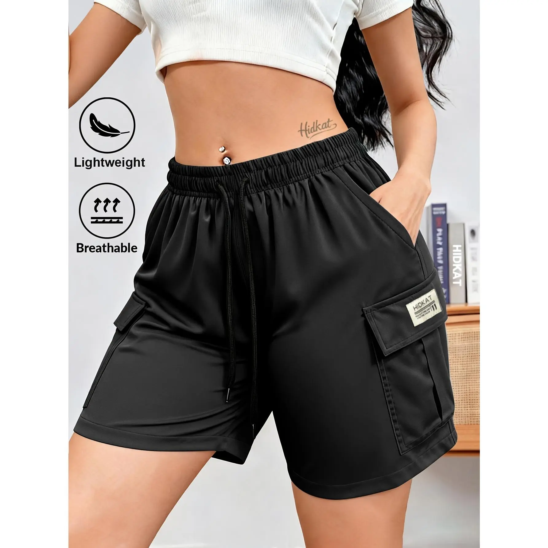 Women's Summer Workwear Shorts - 5-Inch Inseam, Drawstring Waist, Cargo Pockets, Multiple Colors to Choose From, Suitable for Casual Everyday Wear in Summer.