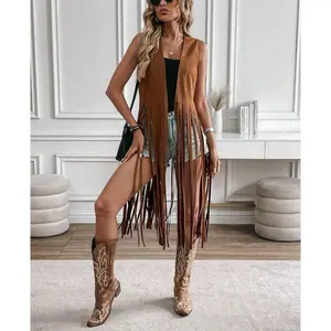 Autumn/Winter Sleeveless Long Black Fringe Boho Style Casual Jacket For Women Western Tops Fabric Fit Womenswear Clothes