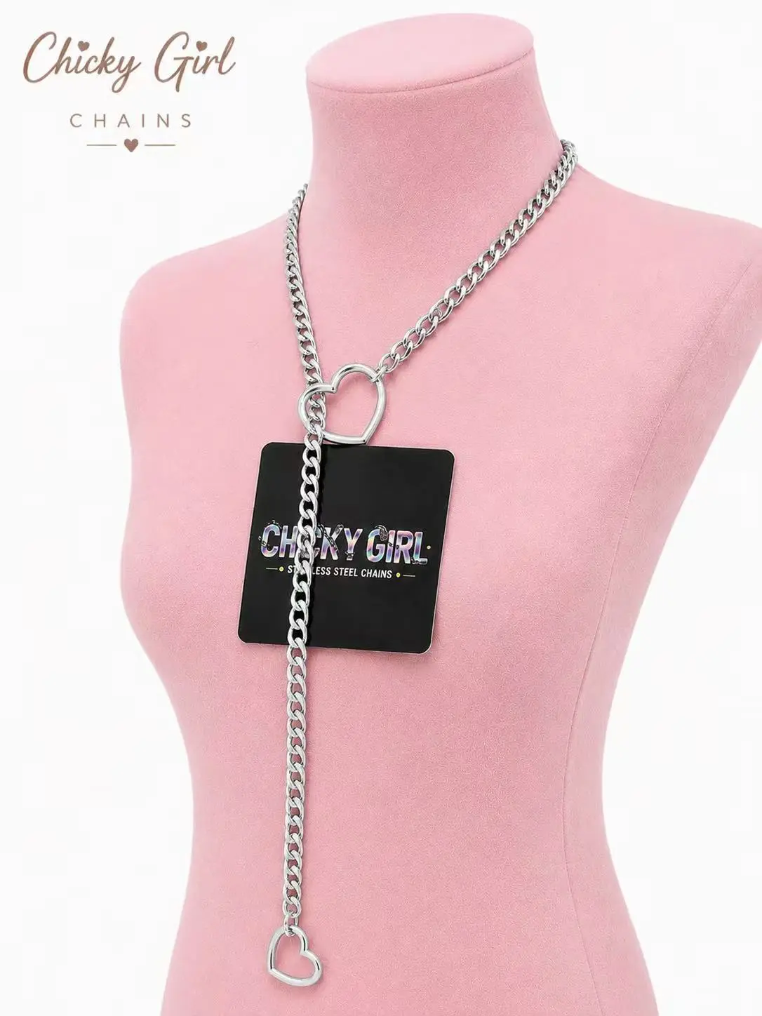 Chicky Girl Silver 80cm (31.5in) Heart O-Ring Slip Chain Necklace, Unisex Punk-Inspired Adjustable Long Length Jewelry, Necklaces for Women, Everyday Accessory & Gift for Dating, Birthdays