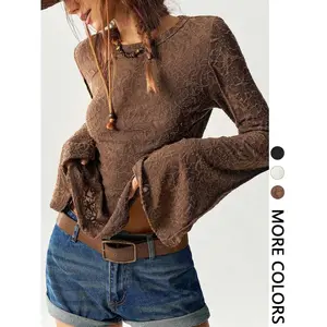 Women's Solid Color Knitted Lace Patchwork Flare Sleeve Tee, Casual Regular Fit T-Shirt for Women, Stylish and Comfortable