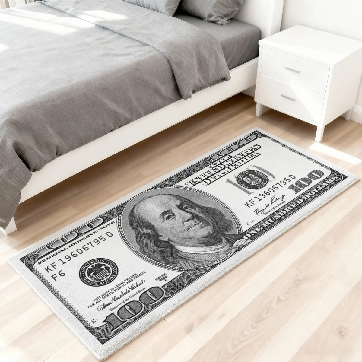 White dollar rug, dollar pattern money rug, soft comfortable area rug, Indoor floor rug, white 100 Dollar Bill pattern design, fluffy plush bedside mat, gift for boys, room decor, Home Decor Rugs, suitable for indoor scenes, Bill Print Rug