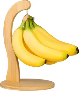 Golden Nature Bamboo Banana Holder with Hanging Hook - Rustic Wooden Fruit Hanger Stand for Kitchen Countertop - Keeps Bananas and Fruits Fresh