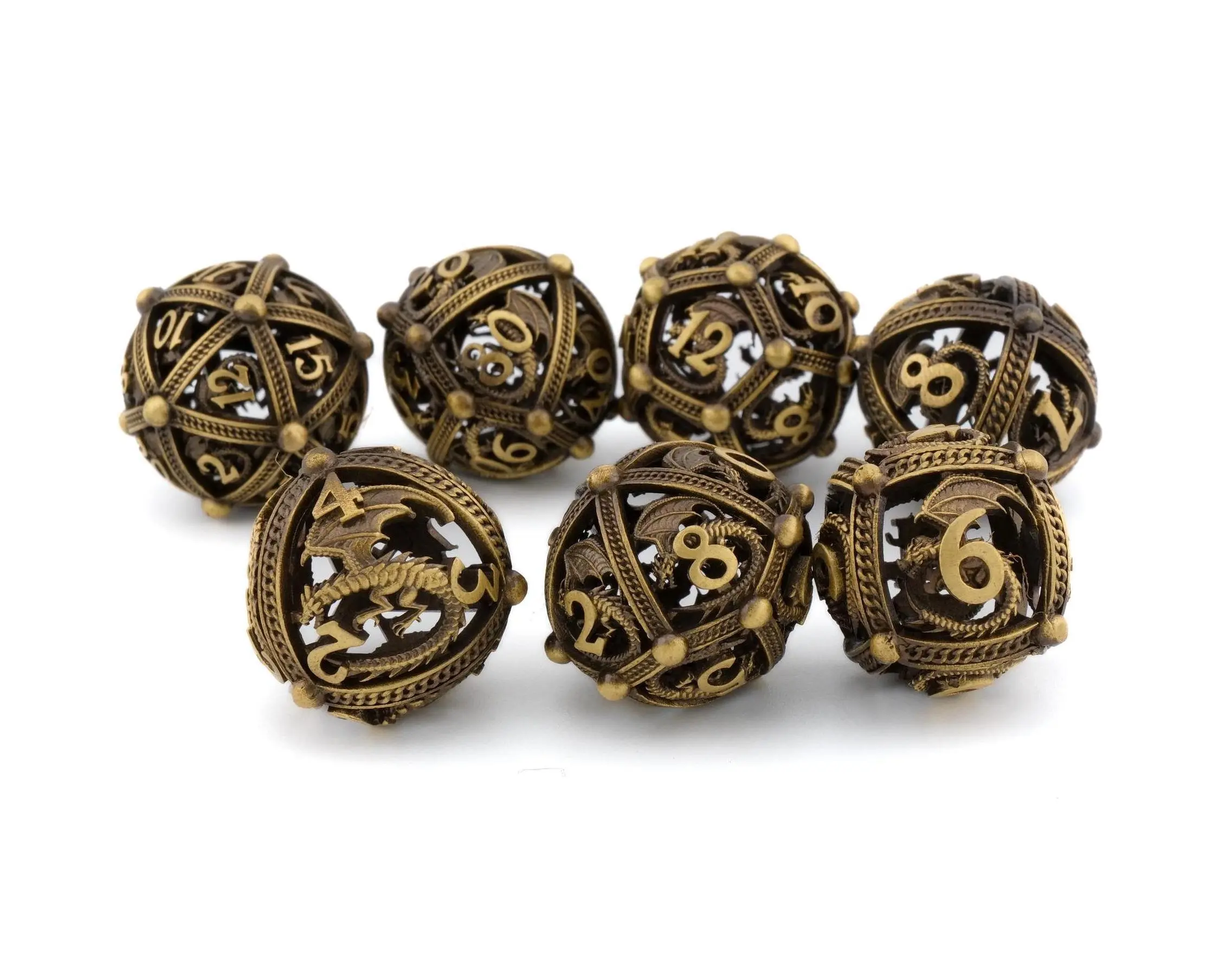 Round Dragon Hollow Metal Polyhedral Dice Set - 7-Piece Orb Dice for DnD, RPG Games