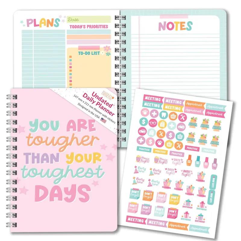 Hadley Designs Women's 2026 Aesthetic Design Calendar Planner, Undated Durable Gold Spiral Coil Personal Organiser, Sticker-Included Double-Sided Printing Notebook Journal for Daily Use Adults