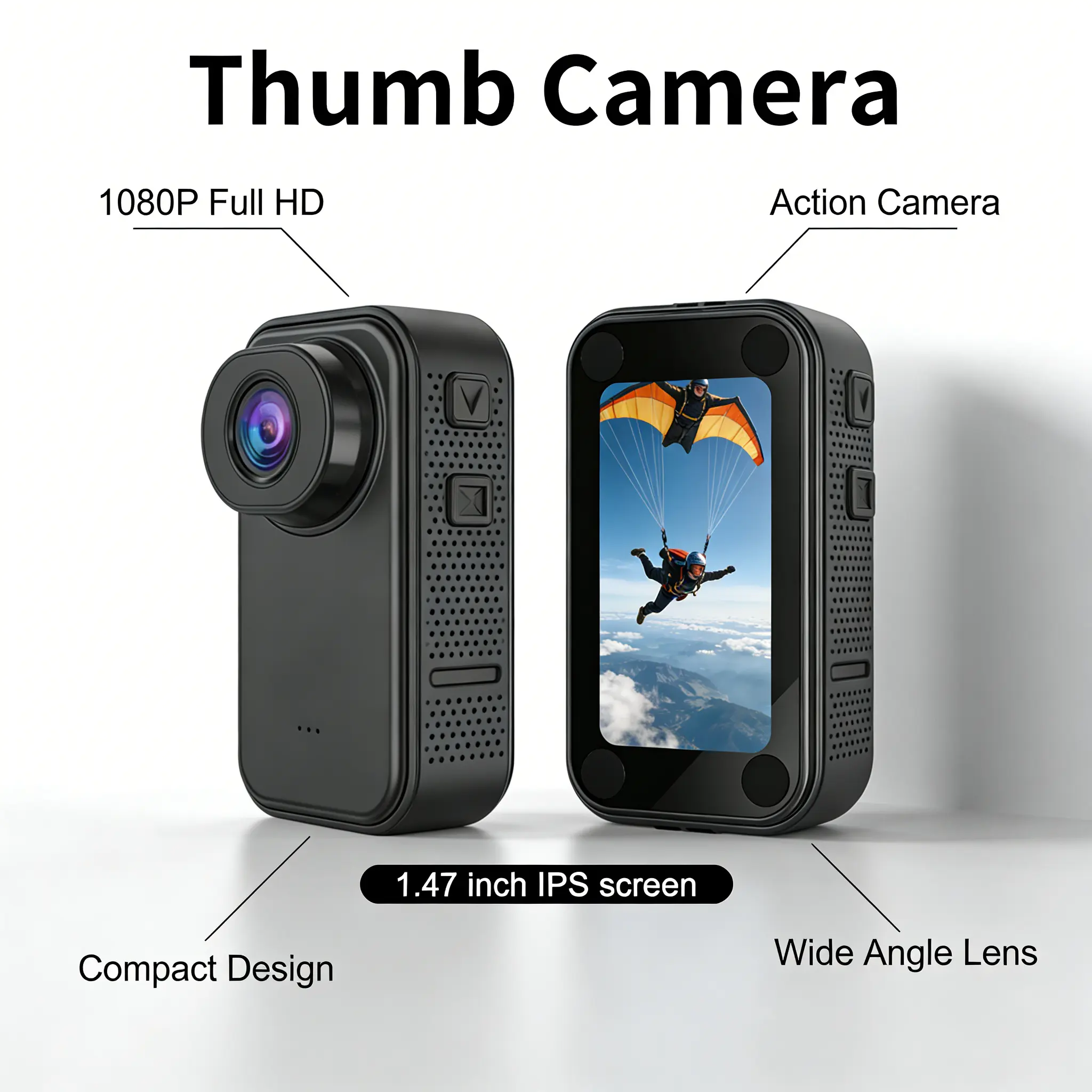 1.47-in HD IPS Display 1080P Mini Portable Action Cam  120° Wide-Angle Glass Lens Magnetic Neck Strap Mount, Compact Dual-Camera System, Sports/Vlogging Camera with USB & AVI Support, Ideal for Security Patrols, Outdoor Cycling, Digital Zoom, Cmos, Live V