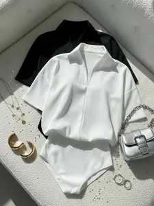 Women's Spring Summer New Fashion Comfortable Fitted Lapel Short Sleeve Patchwork Jumpsuit Set, 2 Piece Casual for Ladies