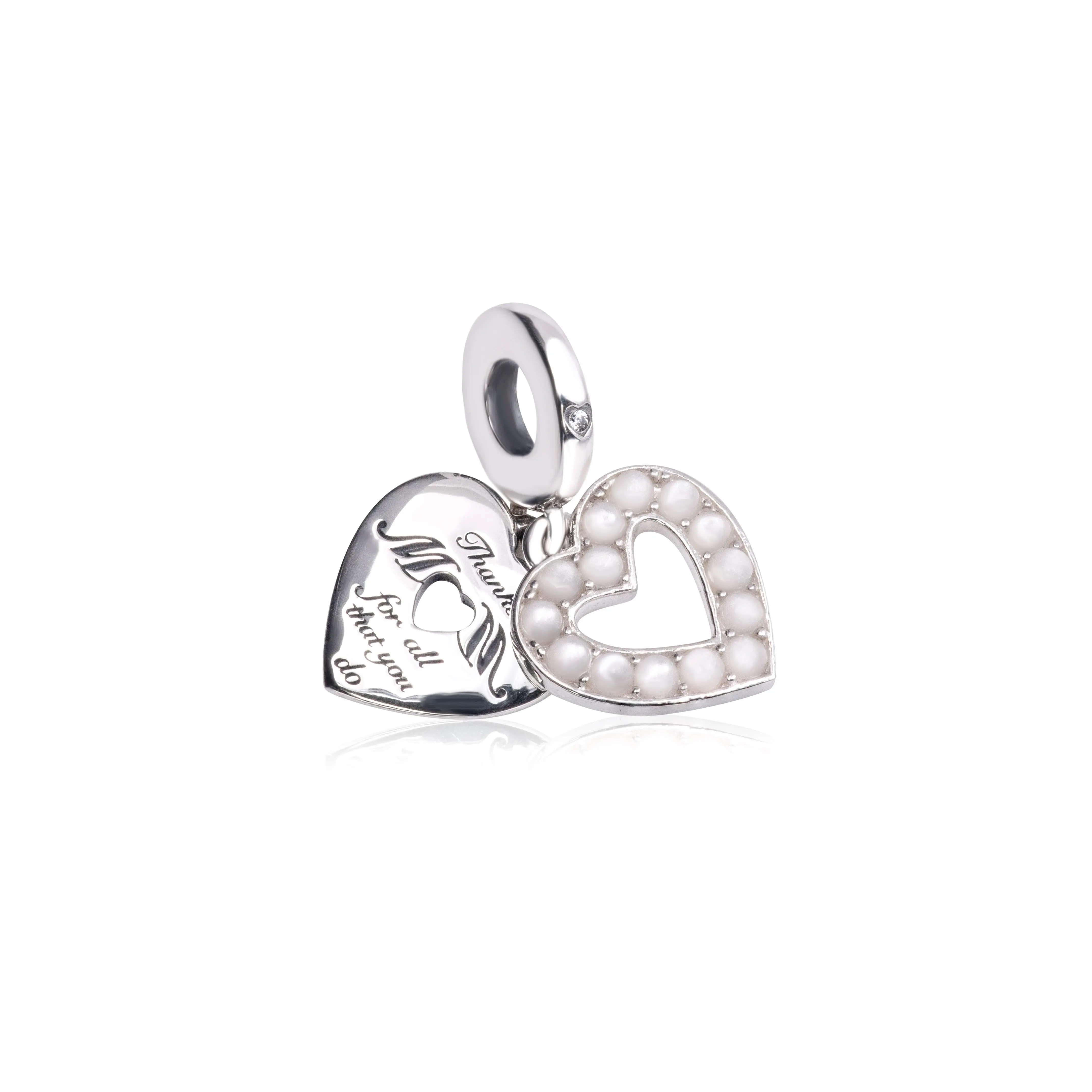 Pandora Pearlescent White Cut-Out Heart Double Dangle Charm, 792649C01, Bioresin Man-Made Mother of Pearl, Engraved, Elegant Gift for a Mom, Cut-Out Heart Shape, Engraving, Adults