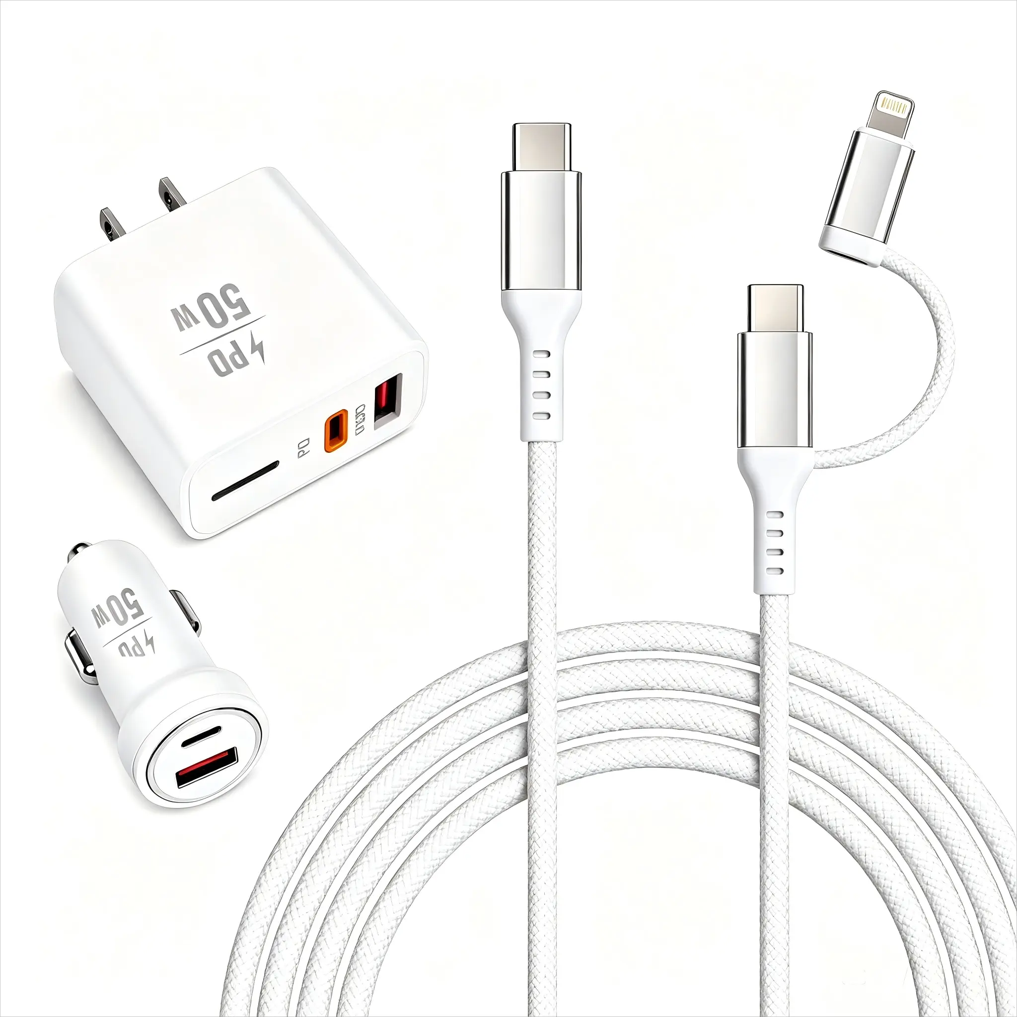 50W USB C Fast Charger Kit - PD 3.0, QC 3.0 Dual Port Wall & Car Chargers with 2-in-1 USB C-Lightning Cable for iPhone, Samsung Home & Travel Use