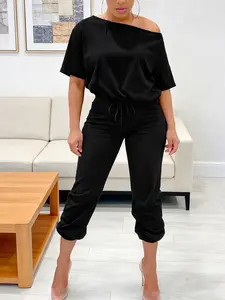 Elengatine Women Plus Size Wide Leg Jumpsuit, Off Shoulder Loose Fit One Piece Romper with Pockets, Soft Flowy Stretchy Fabric, Comfortable Casual Outfit for Curvy Ladies, Summer Vacation, Beach, Daily Wear, Travel & Street Style