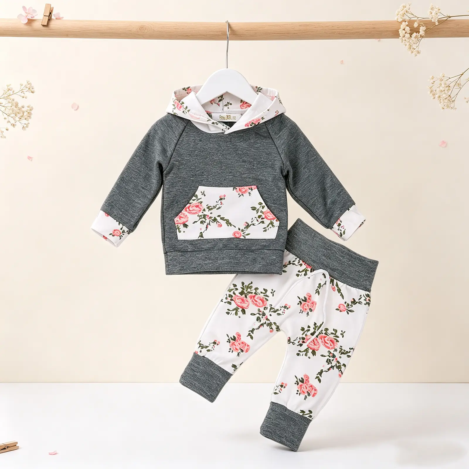 Cute Baby 2-Piece Clothing Set, Floral Long-Sleeve Hoodie with Front Big Pocket, Patchwork Printed Elastic-Band Long Pants for Baby Clothes Gift Sets