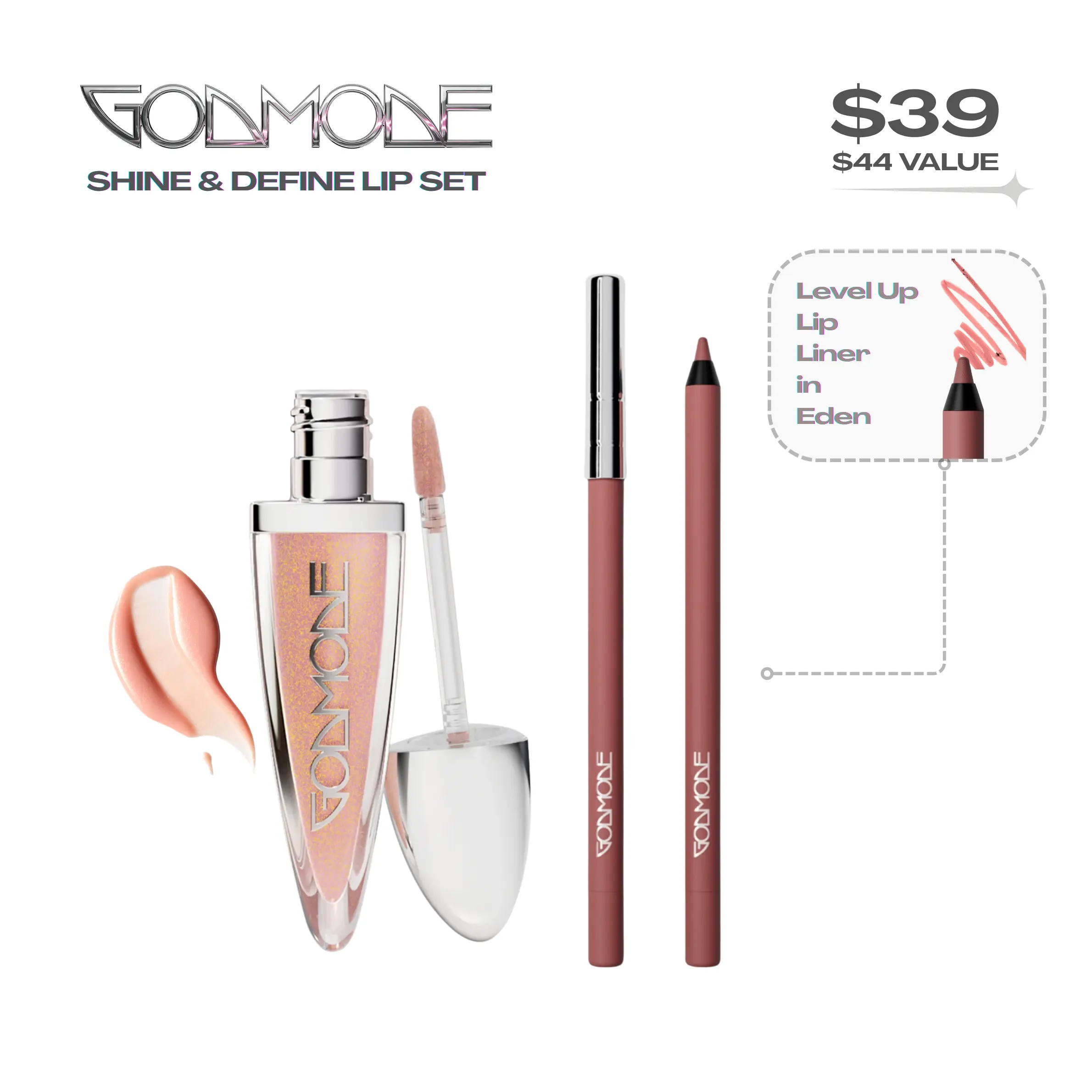 GODMODE Shine & Define Lip Set - Lip Gloss and Lip Liner Makeup Beauty Essentials Set