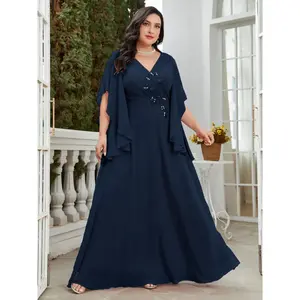 Elegant V-Neck Flared-Sleeve Dress with Embroidered Flowers, Waist-Cinching Design, Solid-Color Chiffon Party Gown for Bridesmaids