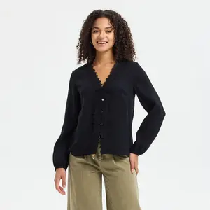 Women's Puff Long Sleeve Lace Trim V-Neck Top - Universal Thread Black S