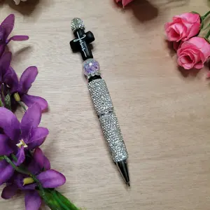 Refillable Rhinestone Pen with Black and White Jesus Design, Full White Rhinestones, and Included Refills