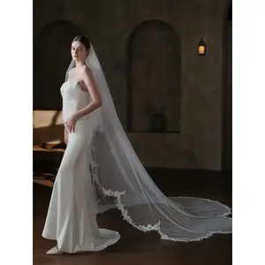 Elegant Double Layered Long Floral Lace Chapel Wedding Veil With Blusher, Ivory Soft Tulle Bridal Mantilla Veil