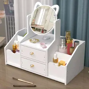 1pc High-End Luxurious White Wooden Makeup Organizer With Large Capacity, Multiple Functions, Drawers, Dustproof Cover, And Mirror
