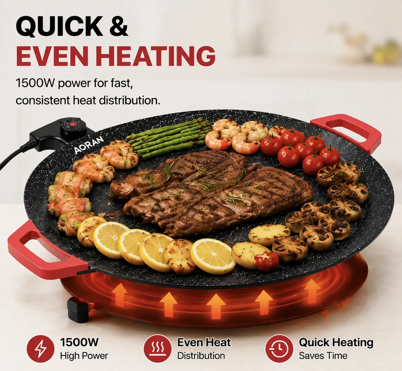 AORAN KITCHEN 1500W Portable Electric Korean Smokeless Non-stick Indoor Grill Pan - Buy 1 Get 6 Complete Barbecue Gift Set, Adjustable Temperature Control, Universal Fry Griddle, Portable Barbecue Grill, Kitchen Gadgets for Home Cooking