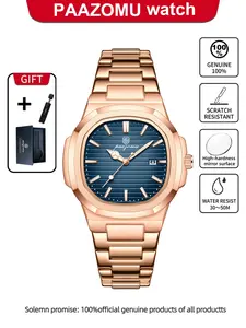 Paazomu Rose Gold Men's Watch, 50m Waterproof, Scratch Resistant, Luxury Blue Dial Quartz Watch, Stylish Timepiece for Men, Fashion Wristwatch