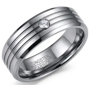 Lanyjewelry Scratch-Proof Modern Men's 8mm Polished Tungsten Carbide Solitaire Wedding Ring - Round Cut Artificial Gemstone, Channel Groove Detail, Flush Gem Set Design, Solitaire Ring