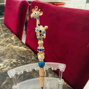 Custom Blue Spotted Giraffe on a Rhinestone Pen with Blue and Gold Beads and Sparkling Rhinestones for Stylish Writing