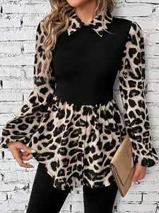 Women's Casual Stand Collar Patchwork Long Sleeve Fitted Shirt Blouse, Lantern Sleeves, Embroidered Color Block, Holiday Office Print Top