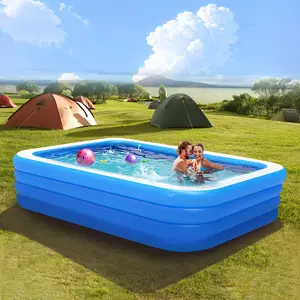 Super Large Outdoor Swimming Pool, Four Ring Blue And White 153*74*27inch Thick And High Square Family Inflatable Swimming Pool