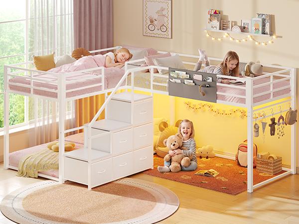 ADORNEVE L-Shaped Triple Bunk Beds Twin Size wit Staircase and 6 Drawers 3 Twin Beds with All-Around Safety Guardrails and Storage Staircase Side Storage Pocket