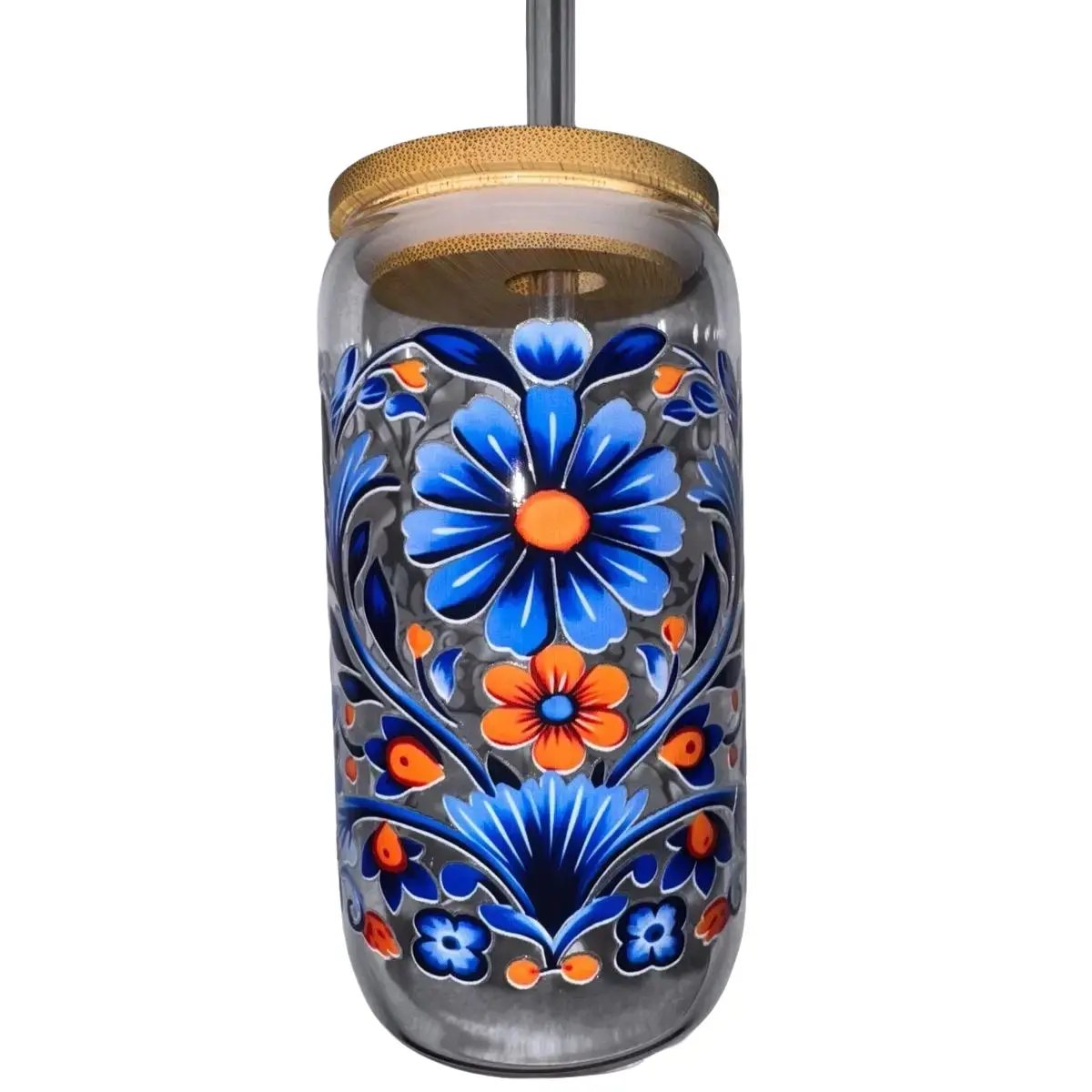 Dark Blue Floral Glass 16oz Cup - Perfect for Your Morning Drinks -