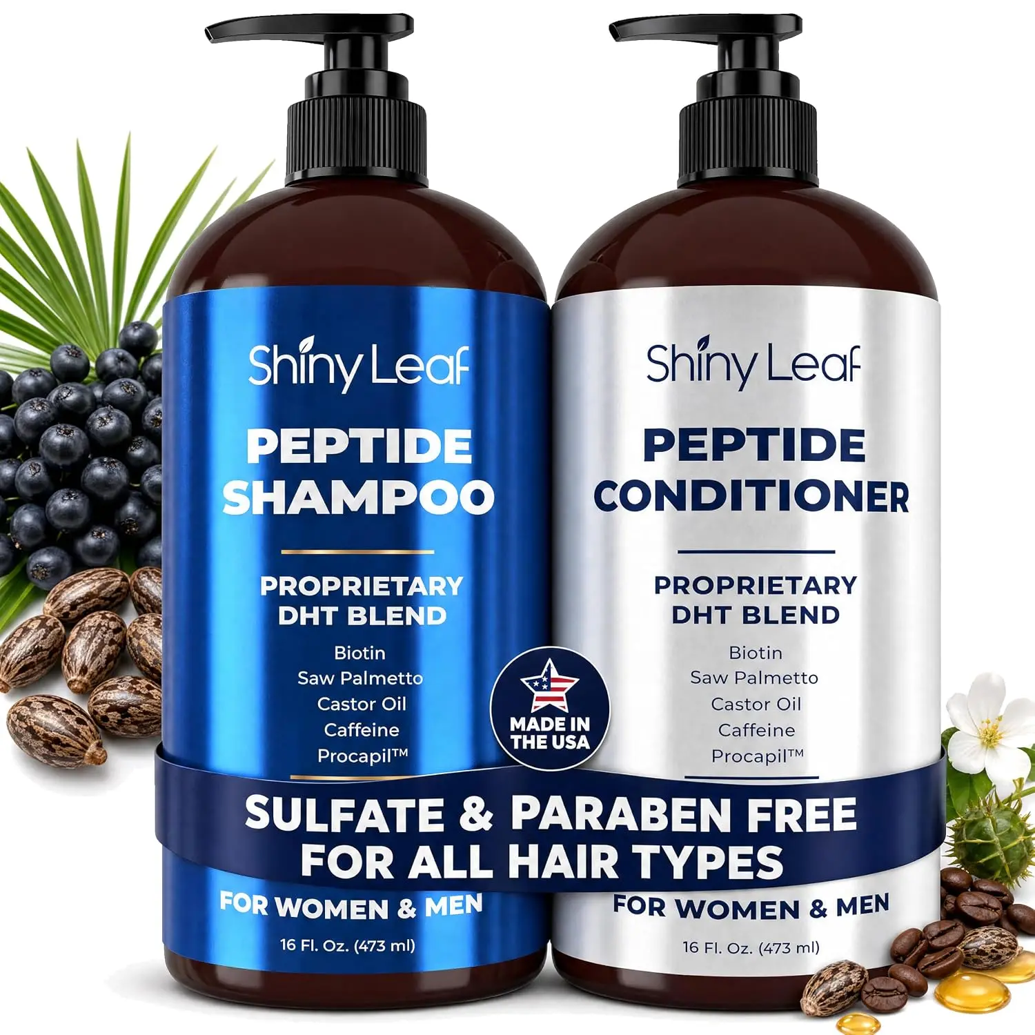 Anti-Thinning Peptide Shampoo and Conditioner set with Biotin, Caffeine & Saw Palmetto, Avocado & Castor Oil For Women and Men, Nourishing Daily Haircare Treatment Set (2 x 16 Oz)