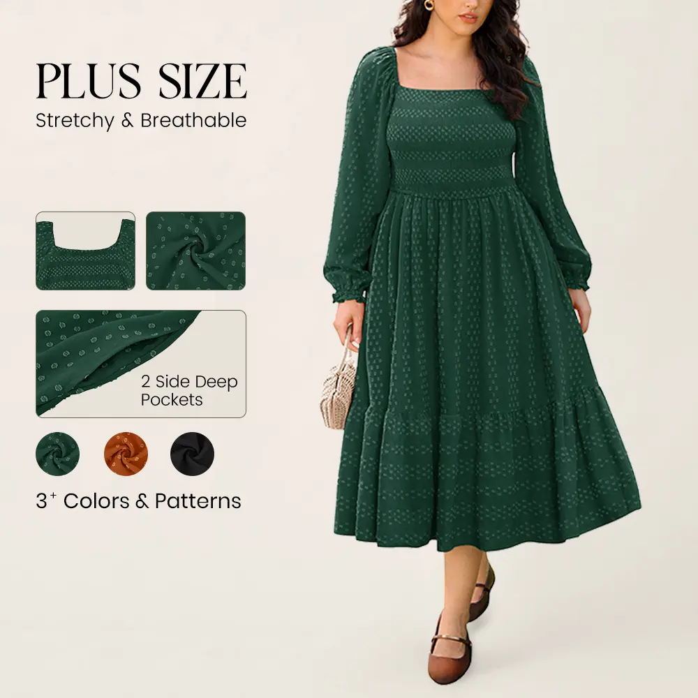 Ritera Plus Size Square Neck Smocked Maxi Dress Long Puff Sleeve Tiered Fall Winter Dress for Curvy Women