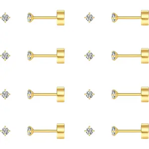 8 Pairs Tiny Flat Back Earrings for Women Men 14K Gold Plated Surgical Stainless Steel Stud Earrings Set Cubic Zirconia Cartilage Earring Hypoallergenic Piercing Jewelry, 2-4mm