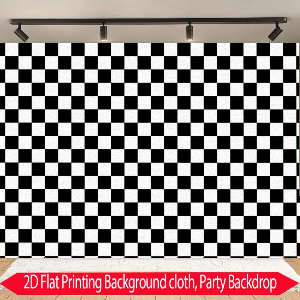 2d flat 1pc polyester black and white checkerboard background fabric, classic black and white checkered pattern, suitable for racing theme parties, retro style activities, black and white theme parties, can be used as party scene decoration,