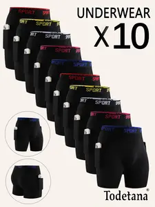 10 Packs Men's Solid Color /Letter Tape Stretchy Boxer Briefs,Casual Comfort Slim Fit Breathable Moisture Absorption Opening Crotch Underwear for DailyWear,Mens Underwear for All Seasons.Undergarments,Athleisure Menswear, Underwear Boxer Briefs