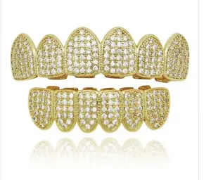 TOPGRILLZ Grillz Vampire Teeth - Grills for Your Teeth Grillz for Women Men 18K Gold-Plated Iced out CZ Fangs Hip Hop Rapper Costume Accessory Cosplay Extra Molding Bars