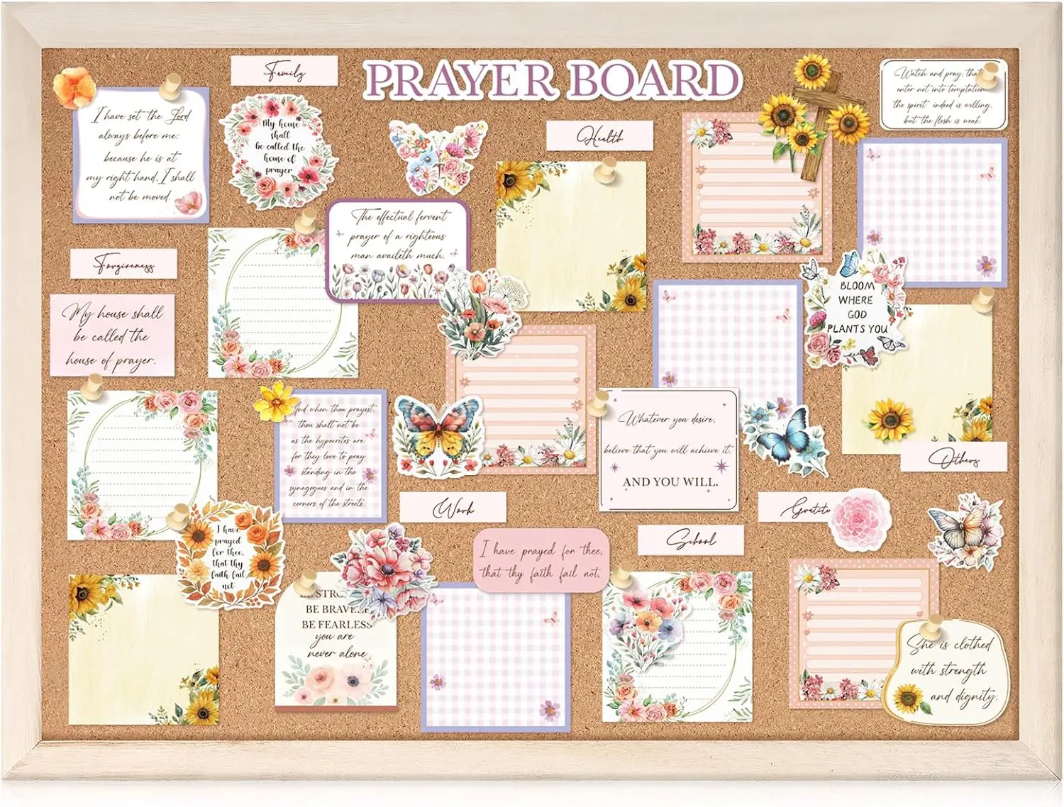 Chunful 100 Pcs Prayer Board Kit Prayer Supplies for Women with Pins Envelope and Bible Verse Quotes Flower Christian Gift DIY Wall Art for Living Room Office(Not Including Board)