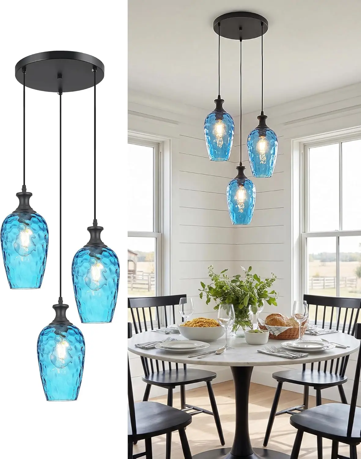 3-Light Black Modern Cluster Pendant Decorative Lights with Blue Hammered Glass, Adjustable Line Voltage 60W AC Power Supply, Hanging Fixture for Dining Room, Kitchen Island - Non-Smart, No Smart Control Compatibility
