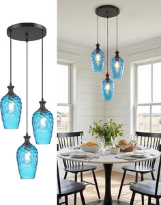 3-Light Pendant Lighting, Black Dining Room Chandelier with Blue Hammered Glass Modern Cluster Hanging Light for Kitchen Island Sink