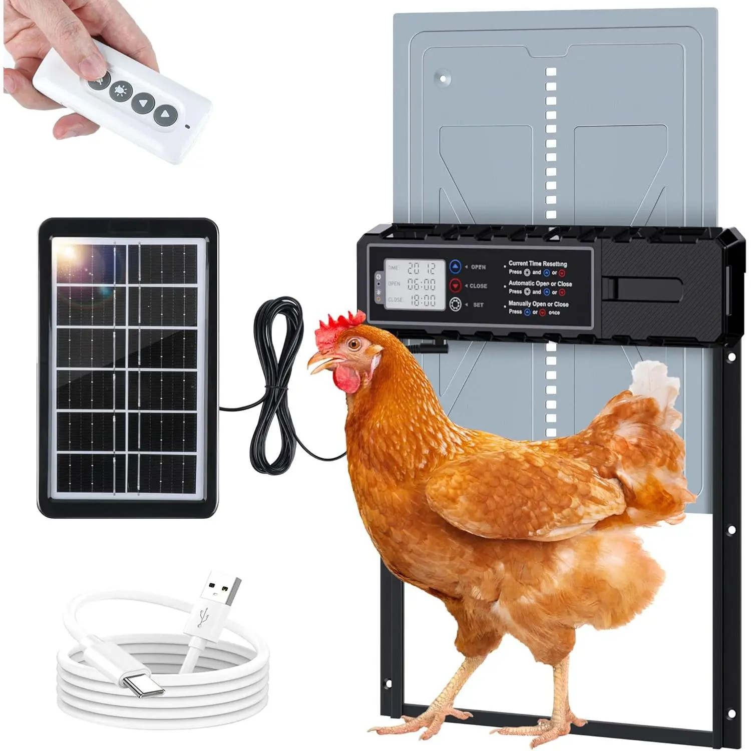 Automatic Chicken Coop Door Solar  with Timer & Light Sensor, LCD Display, Remote Control, 4 Modes  Alloy Auto Chicken Coop Door Solar, Anti-Pinch & Weather Proof