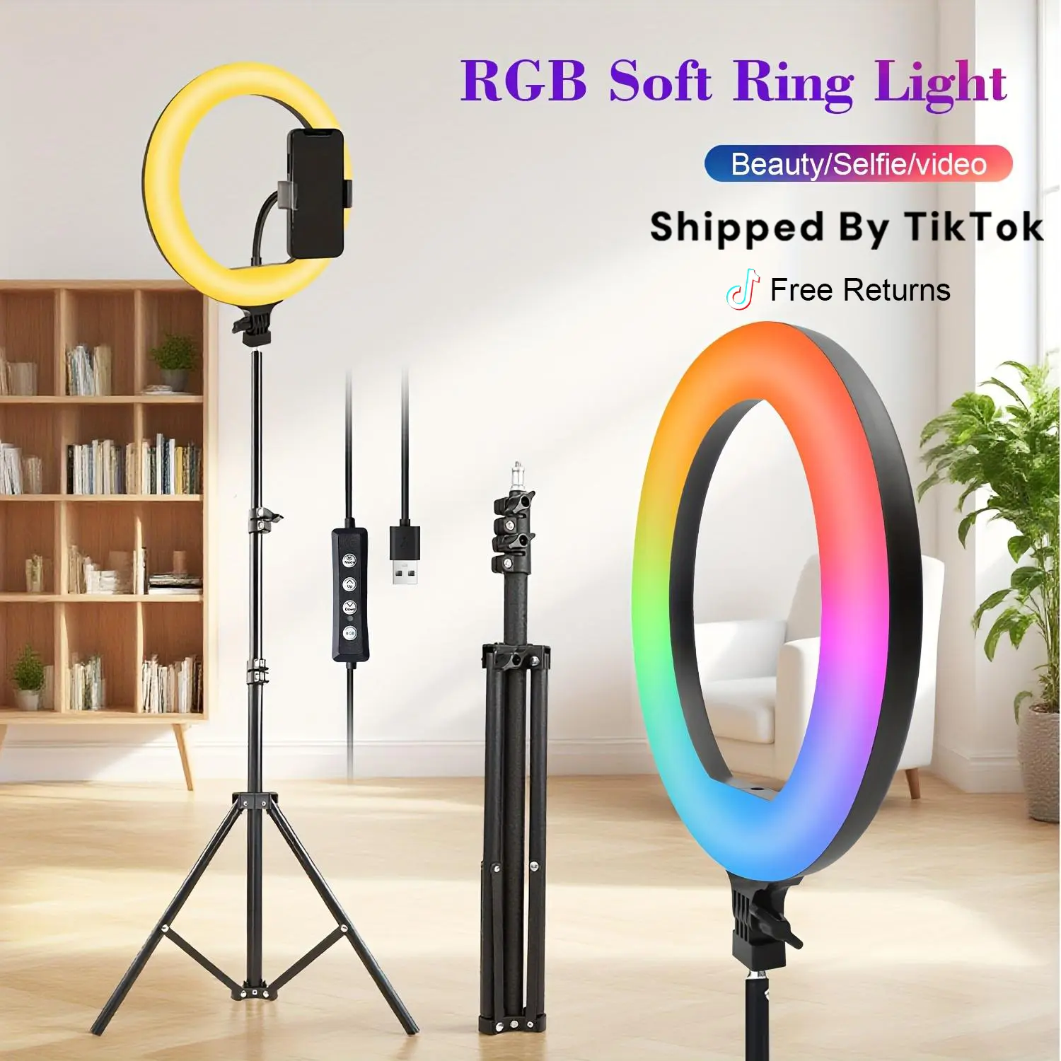 10in RGB Ring Light with 43.3in Tall Tripod Stabilizer & Cellphone Holder, 30 Color Modes, Mobile Phone Accessory for Live Streaming/Makeup, Father's Day Gift #RGB Selfie Set #Video Lighting