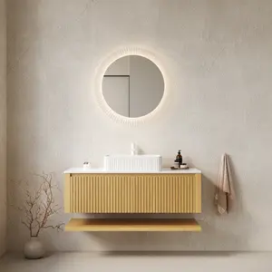 HIZON 48" Bathroom Vanity with Sink, Wall Mounted Plywood Bathroom Storage Cabinet with Drawers and Open Shelf, Sintered Stone Countertop and Ceramic Basin, Pre-assembled, Corolla Oak Woodgrain Color