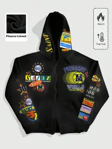 Men's Pattern & Letter Print Loose Fit Zipper Hoodie, Sports Preppy Casual Hooded Sweatshirt For Fall & Winter, Men's Graphic Hoodies For Outdoors, All Caps Hoodie